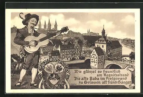 Künstler-AK Bamberg, XII. Fränkisches Sängerbundesfest 1914, Teilansicht mit Brücke und Herr mit Gitarre