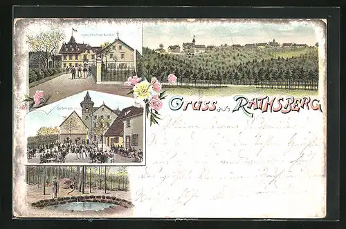 Lithographie Rathsberg, Hotel zur schönen Aussicht, Gartenrestaurant, Wildnis mit Quellengebiet