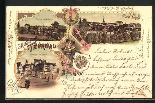 Lithographie Thurnau, Ortspartie v. d. Westseite, Marktpaltz mit Schloss, Teilansicht