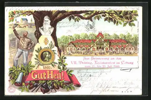 Lithographie Coburg, Zur Erinnerung an das VII. Thüring. Kreisturnfest 1900, Festhalle, Denkmal von Turnvater Jahn