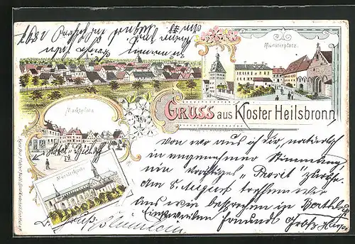 Lithographie Heilsbronn, Kloster Heilsbronn, Münsterplatz, Marktplatz, Münsterkirche