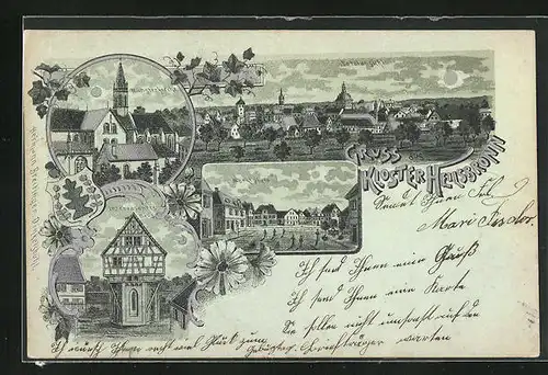 Mondschein-Lithographie Heilsbronn, Kloster Heilsbronn, Marktplatz, Münsterkirche, Interessantes Haus