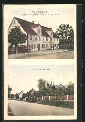 AK Wolkersdorf, Gasthaus zum gelben Löwen von Georg Drexler, Strassenpartie mit Villa