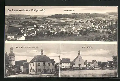 AK Aschbach /Steigerwald, Kath. und Prot. Kirchen mit Postamt