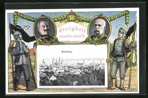 AK Bamberg, Kaiser Wilhelm der II. und Kaiser Franz Joseph I. von Österreich, Ortsansicht