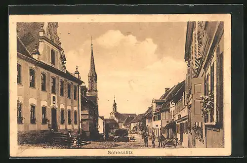 AK Schesslitz, Strassenpartie im Ort mit Blick zur Kirche