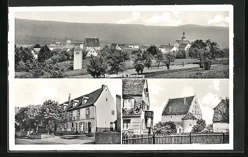AK Trunstadt b. Bamberg, Gasthaus Drei Linden, Strassenpartie im Ort, Ortsansicht mit Umgebung