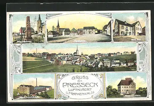 AK Presseck /Frankenwald, Hotel Post, Kriegerdenkmal, Mech. Schuhfabrik
