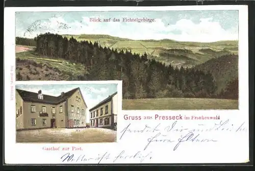 AK Presseck /Frankenwald, Gasthof zur Post, Blick auf das Fichtelgebirge
