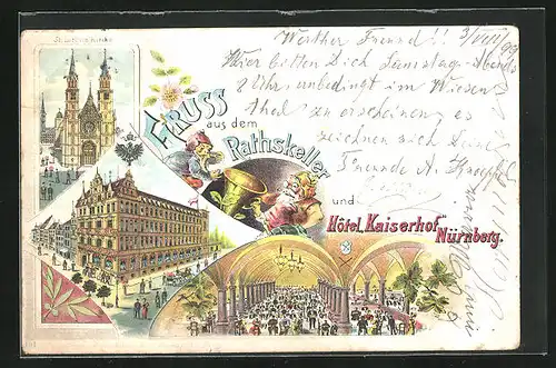 Lithographie Nürnberg, Hotel Kaiserhof, Rathskeller, Zwerge