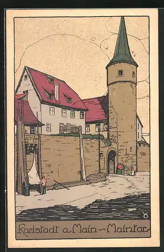 Steindruck-AK Karlstadt /Main, Partie am Maintor