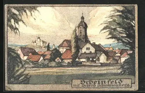 Steindruck-AK Scheinfeld, Ortsansicht mit Schloss Schwarzenberg