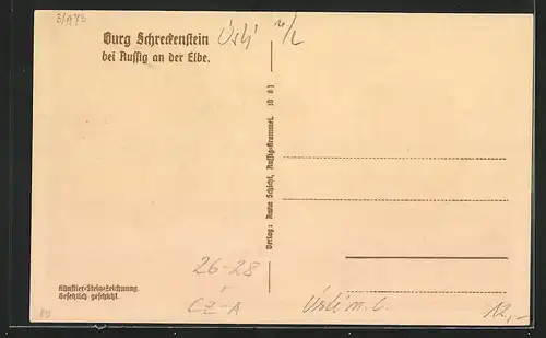 Steindruck-AK Aussig / Usti, Burg Schreckenstein an der Elbe