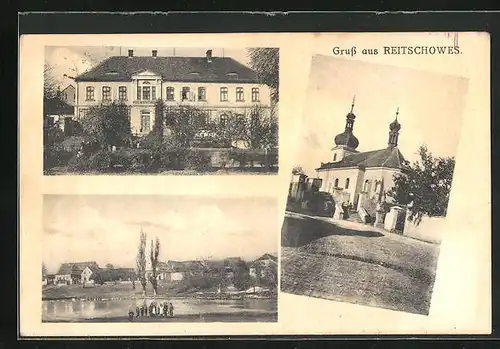 AK Reitschowes, Kirche, Volksschule, Teich