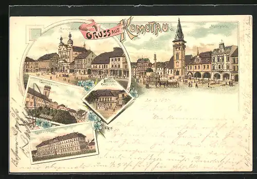 Lithographie Komotau / Chomutov, Brauhaus Restaurant Frohngasse, Gymnasium, Landwehrkaserne