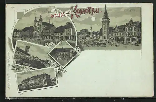 Mondschein-Lithographie Komotau / Chomutov, Brauhaus Restaurant Frohngasse, Gymnasium, Landwehrkaserne