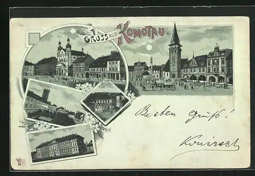 Mondschein-Lithographie Komotau / Chomutov, Brauhaus Restaurant Frohngasse, Marktplatz