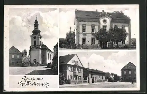 AK Gr. Tschernitz, Kirche, Rathaus, Marktplatz