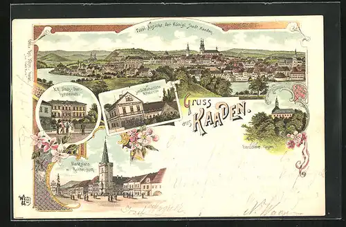 Lithographie Kaaden / Kadan, Franziskaner-Kloster, Landwirtschaftliche Mittelschule, KK Staatsgymnasium