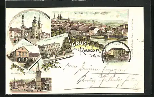 Lithographie Kaaden / Kadan, Kaserne, Marktplatz und Rathausturm