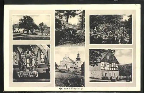 AK Quinau /Erzgebirge, Gasthaus, Kirche, Altar in der Kirche