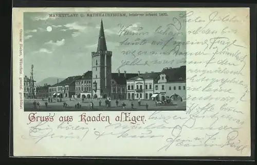 Mondschein-Lithographie Kaaden / Kadan, Marktplatz und Rathausthurm
