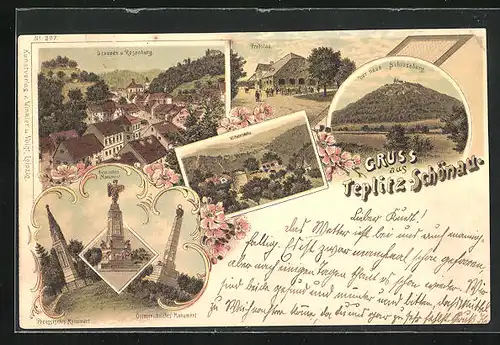 Lithographie Teplitz Schönau / Teplice, Der neue Schlossberg, Russisches Monument, Probstau