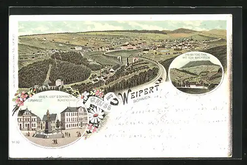 Lithographie Weipert / Vejprty, Kaiser Josef II Denkmal mit Turnhalle und Bürgerschule, Panorama