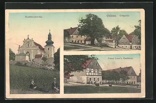 AK Quinau i. Erzgeb., Franz Loos Gasthaus, Wallfahrtskirche