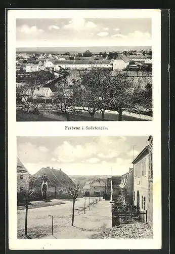 AK Ferbenz /Sudetengau, Strassenpartie im Ort, Blick über die Dächer vom Ort