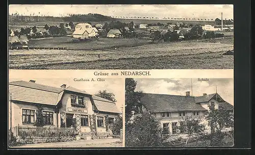 AK Falgendorf-Nedarsch, Gasthaus A. Glos, Schule, Panorama