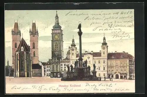 AK Königgrätz / Hradec Kralove, Platz mit Kirche und Denkmal