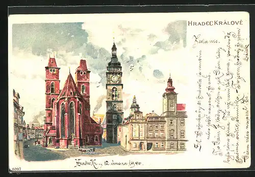 Lithographie Königgrätz / Hradec Kralove, Kirche und Rathausturm