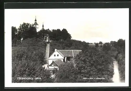 AK Trebechovice, Flusspartie mit Treppen zur Kirche