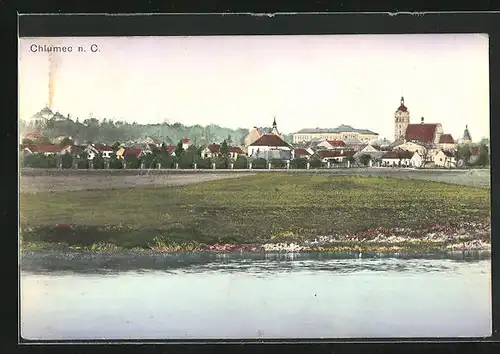 AK Chlumec n. C, Blick auf Ort vom Fluss aus