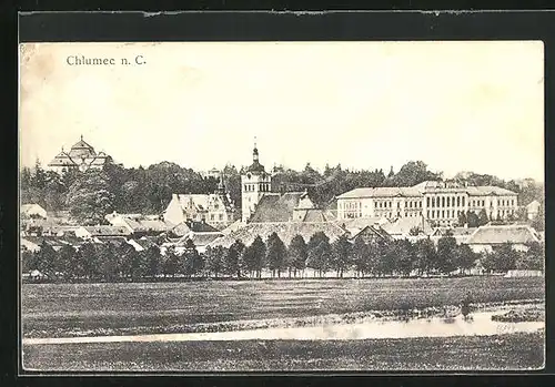 AK Chlumec n. C, Blick auf Kirche und Fluss