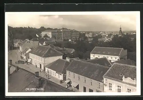 AK Chlumec n. C., Strassenpartie aus der Vogelschau