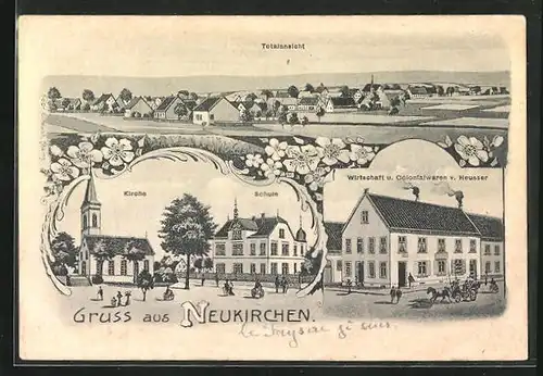 AK Neukirchen / Mehlingen, Gasthaus und Colonialwaren Heusser, Kirche und Schule