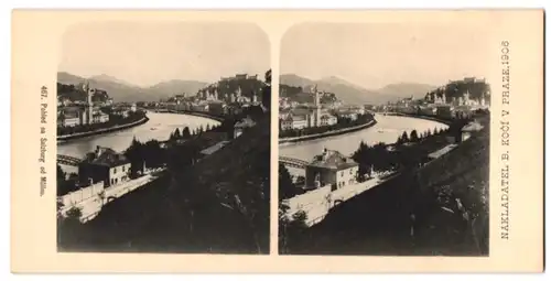 Stereo-Fotografie Lichtdruck Bedrich Koci, Prag, Ansicht Salzburg, Partie an der Salzach