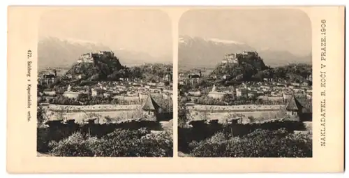 Stereo-Fotografie Lichtdruck Bedrich Koci, Prag, Ansicht Salzburg, Stadtansicht mit Festung Hohensalzburg