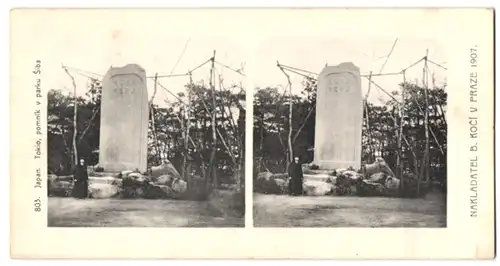 Stereo-Fotografie Lichtdruck Bedrich Koci, Prag, Ansicht Tokio / Japan, pomnik v parku Siba