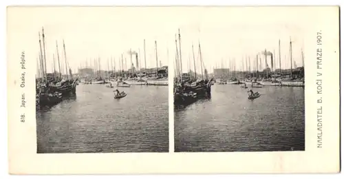 Stereo-Fotografie Lichtdruck Bedrich Koci, Prag, Ansicht Osaka / Japan, pruplav, Schiffe im Hafen