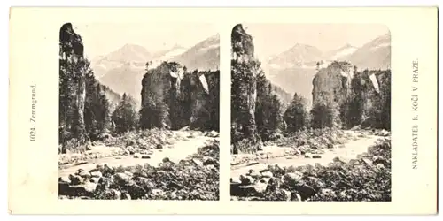 Stereo-Fotografie Lichtdruck Bedrich Koci, Prag, Ansicht Zemmgrund, Flusslauf im Gebirge