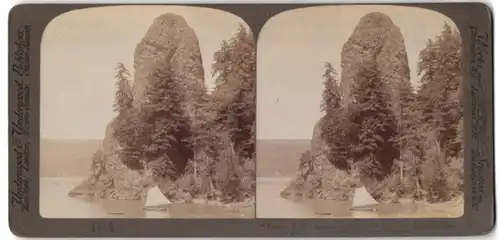 Stereo-Fotografie Underwood & Underwood, New York, Ansicht Oregon, Felsformation Rooster Rock am Columbia River