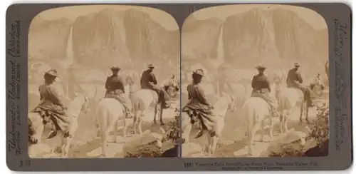 Stereo-Fotografie Underwood & Underwood, New York, Ansicht Glacier Point / CA, Reiter vor Yosemite Falls