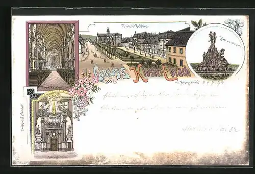 Lithographie Ebrach, Kloster, Kirche mit Zuchthaus, Herkulesbrunnen