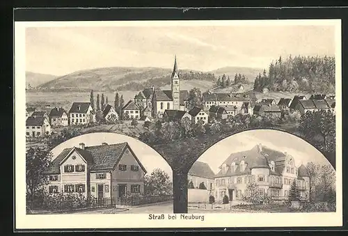 AK Strass b. Neuburg, Wohnhaus, Gebäudeansicht, Panorama mit Kirche