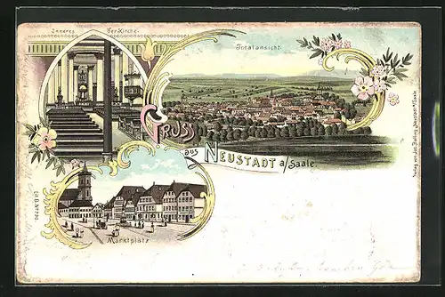 Lithographie Neustadt /Saale, Marktplatz, Inneres der Kirche, Totalansicht