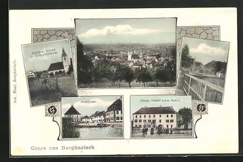 AK Burghaslach, Fürstl. Castell`sches Schloss, Marktplatz, Rathaus, Kirche und Kriegerdenkmal