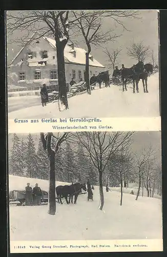AK Gerlas b. Geroldsgrün, Winterlandschaft mit Einwohnern
